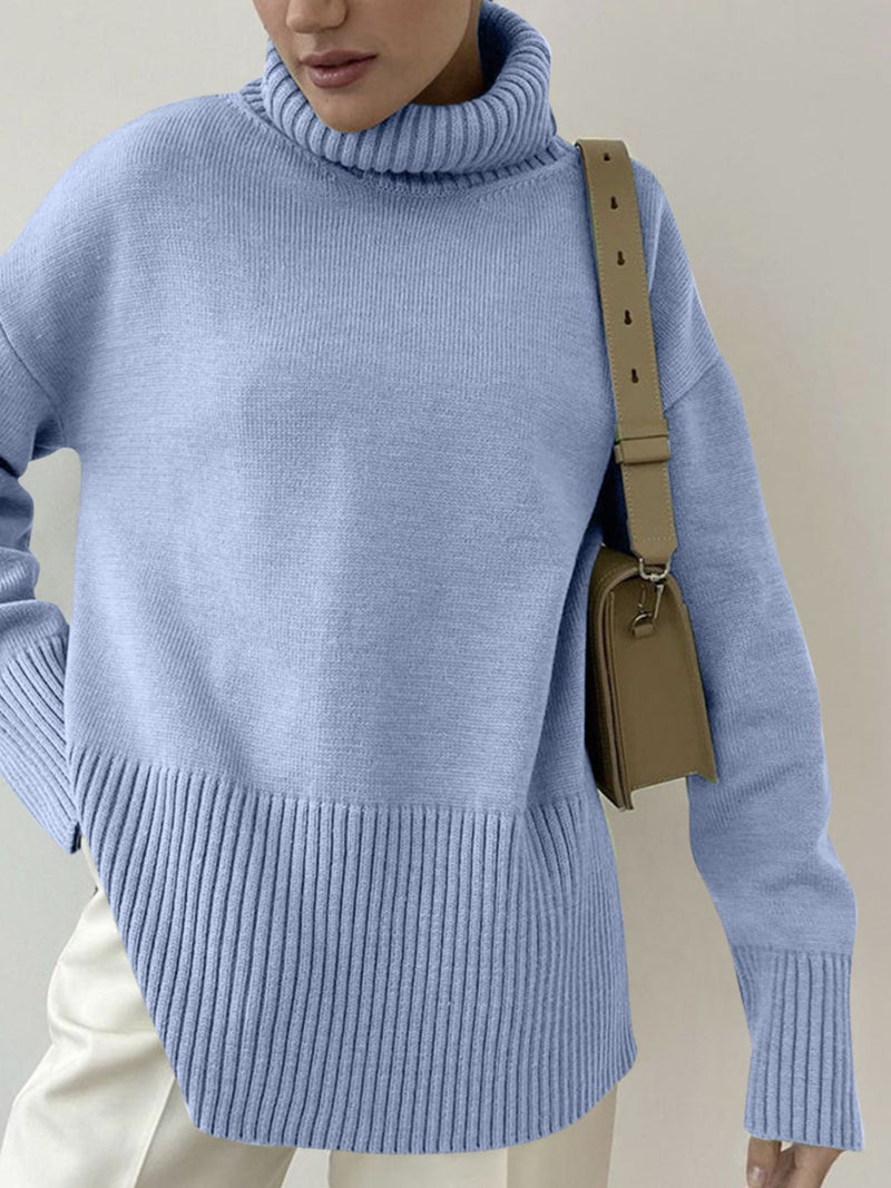 Side Slit Turtleneck Drop Shoulder Sweater