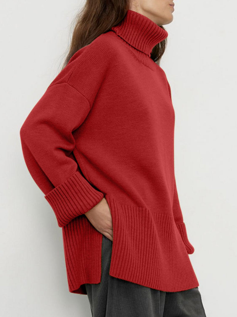 Side Slit Turtleneck Drop Shoulder Sweater