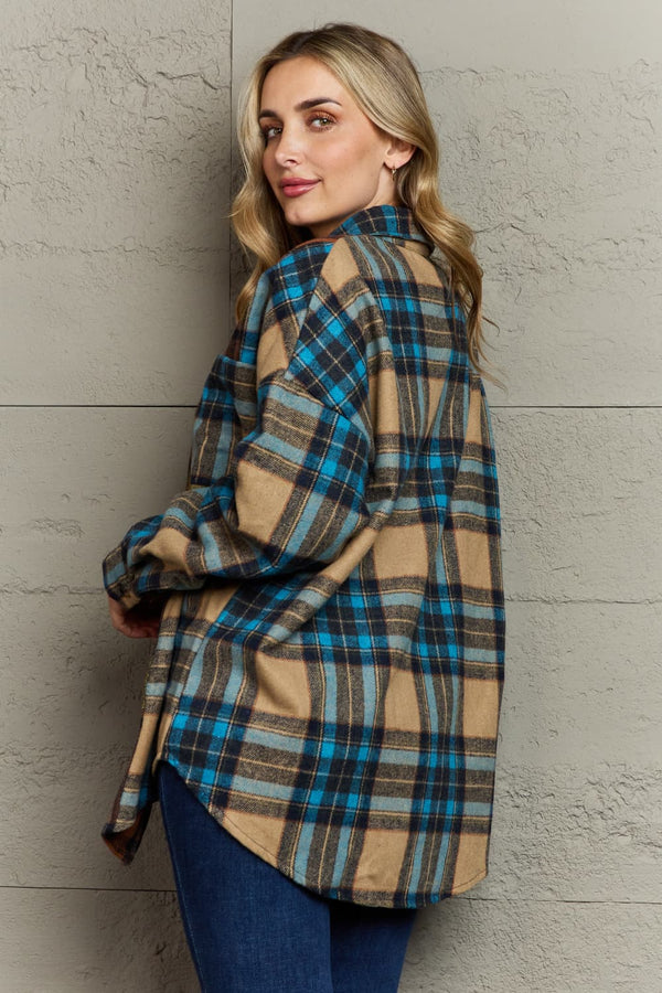 Plaid Curved Hem Shirt Jacket with Breast Pockets