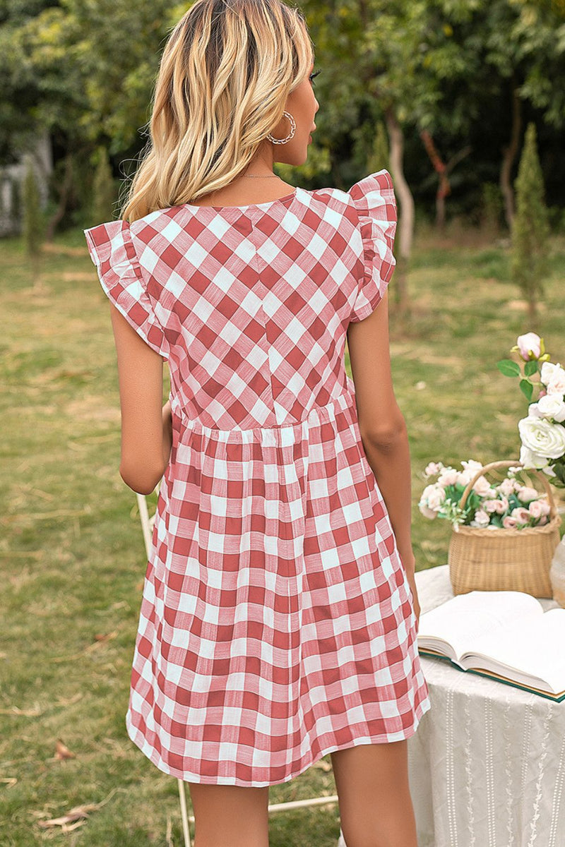 Ivy Lane Plaid Butterfly Sleeve Deep V Dress