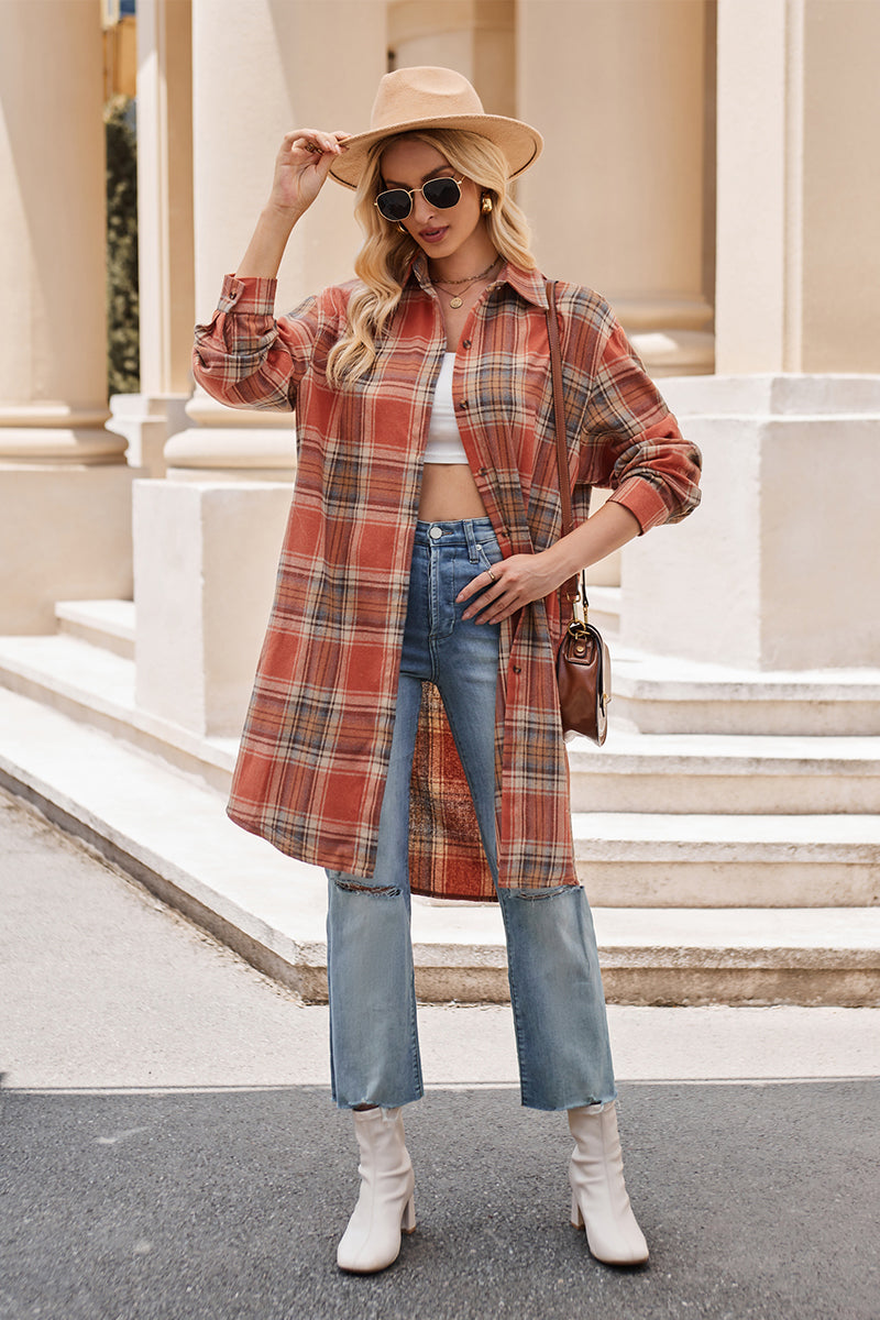 Mandy Plaid Collared Neck Long Sleeve Coat