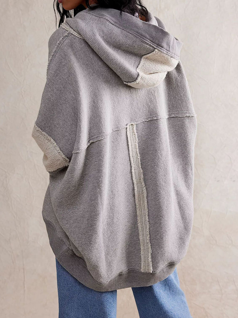 Exposed Seam Open Front Batwing Sleeve Hooded Cardigan