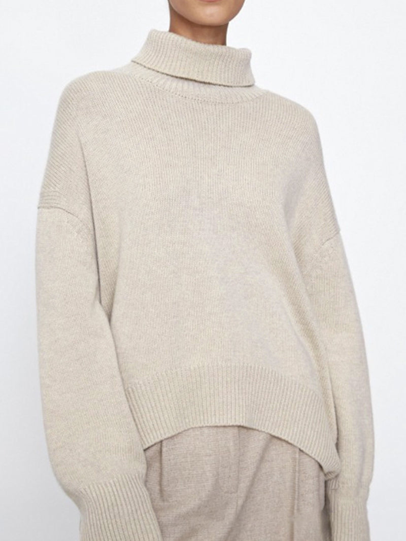 Ribbed Detail Turtleneck Dropped Shoulder Sweater