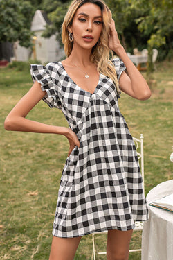 Ivy Lane Plaid Butterfly Sleeve Deep V Dress