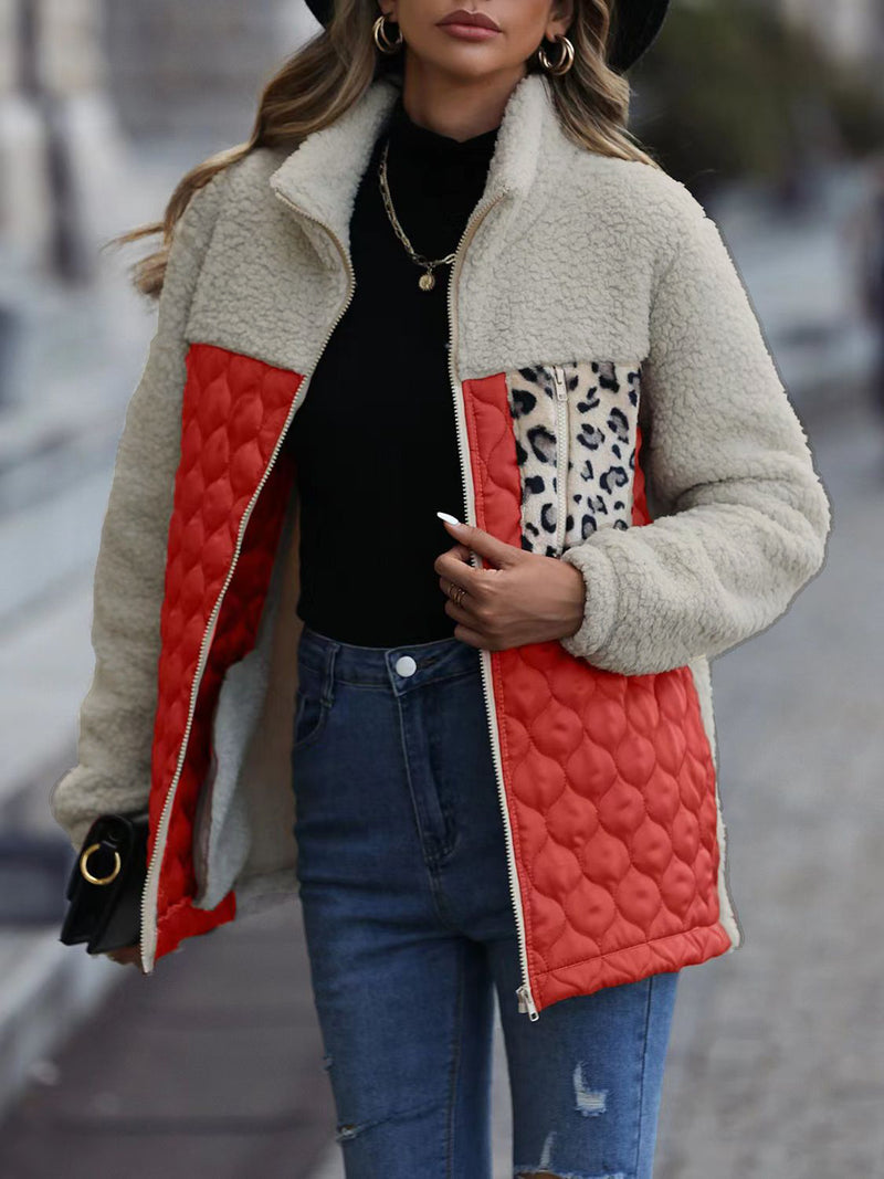 Leopard Color Block Zip-Up Jacket