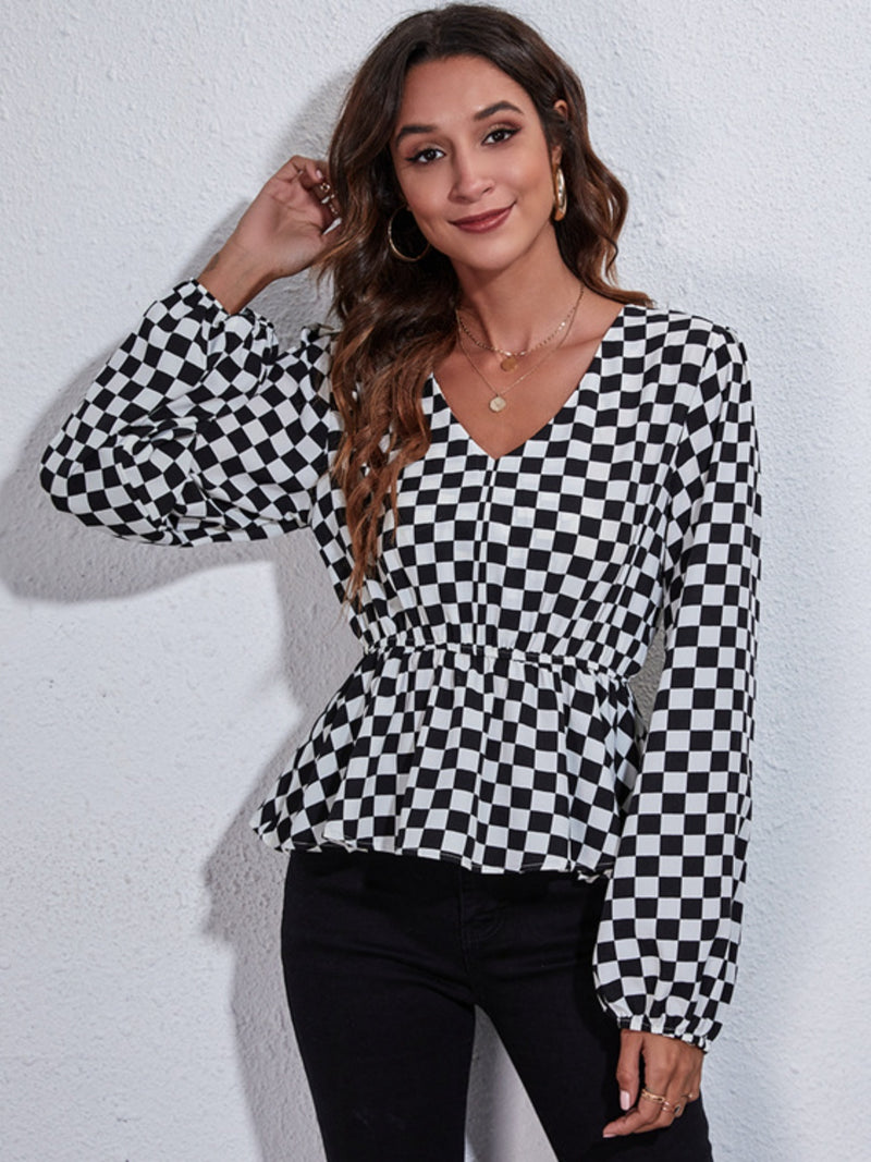 Ruched Printed V-Neck Long Sleeve Blouse