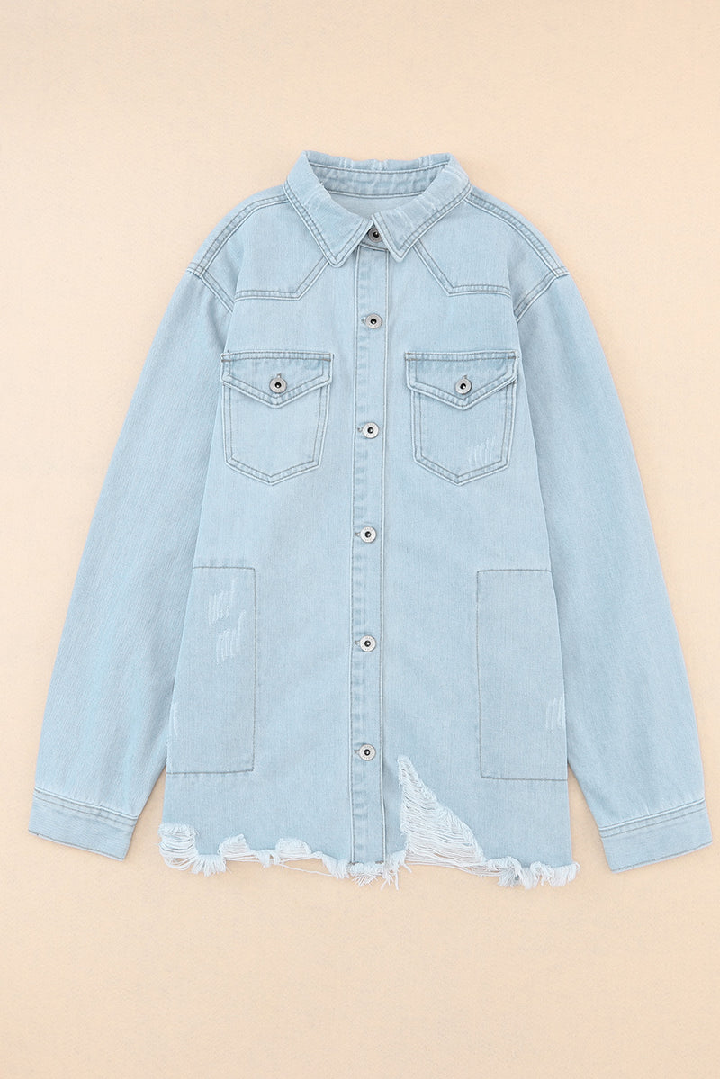 Flap Pocket Raw Hem Denim Jacket