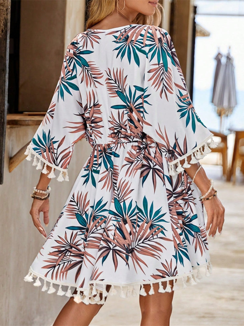 Tassel Tied Printed Half Sleeve Cover Up