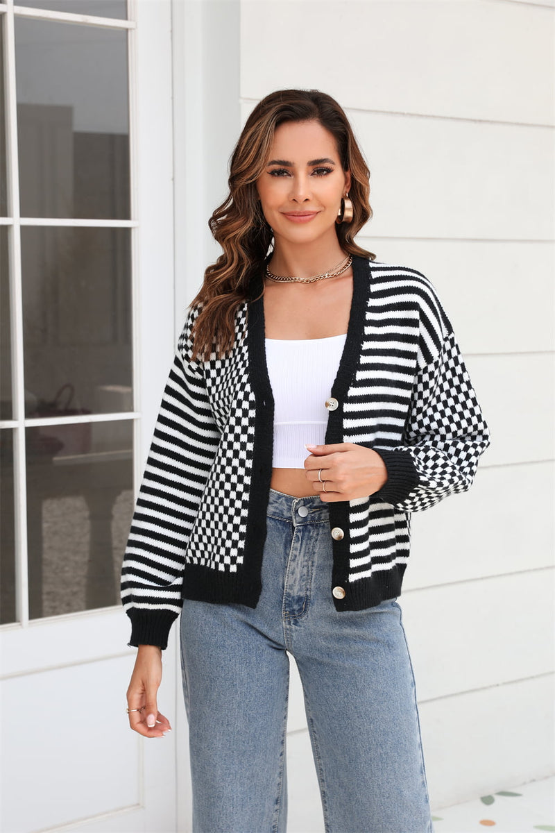 Angel Wings Button-Down Stripe & Plaid Contrast Pattern Cardigan