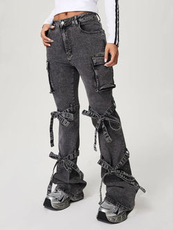 Bow Tied Mid Rise Jeans with Cargo Pockets