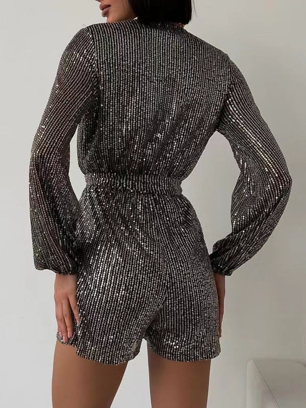 Full Size Sequin Surplice Tie Waist Long Sleeve Romper