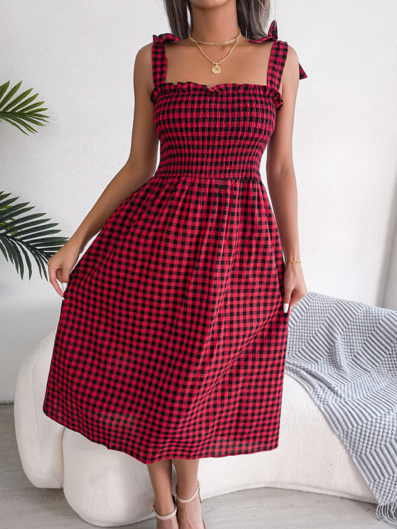 Frill Plaid Square Neck Midi Dress