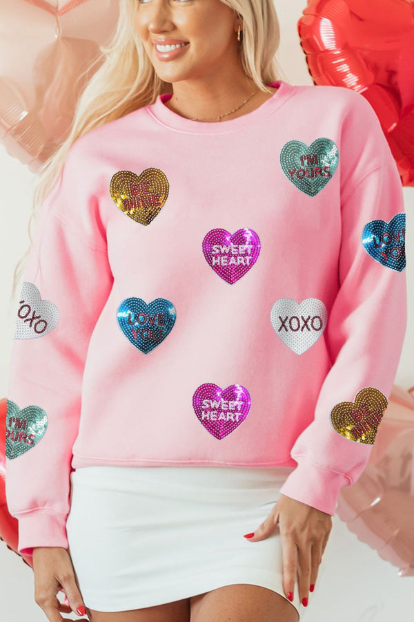 Valentine’s Day Sequin Heart Round Neck Long Sleeve Sweatshirt