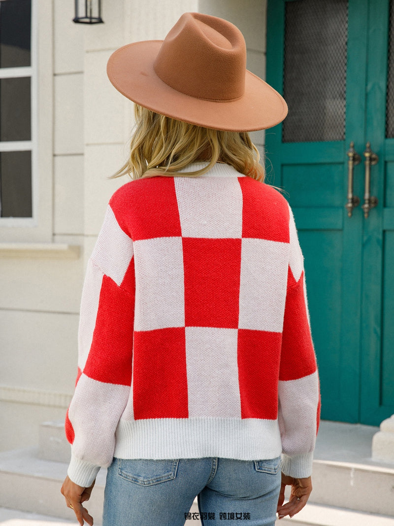 Angel Wings Checkered Round Neck Dropped Shoulder Sweater