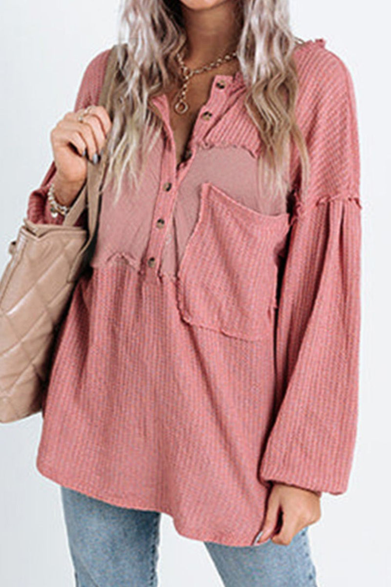 Half Button Raw Hem Long Sleeve Blouse