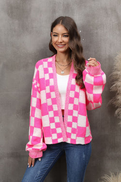 Angel Wings Checkered Open Front Drop Shoulder Cardigan