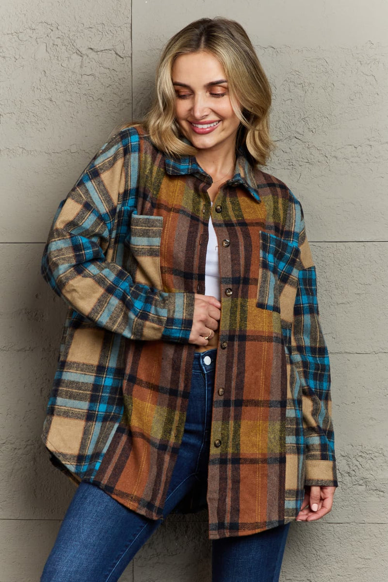 Plaid Curved Hem Shirt Jacket with Breast Pockets