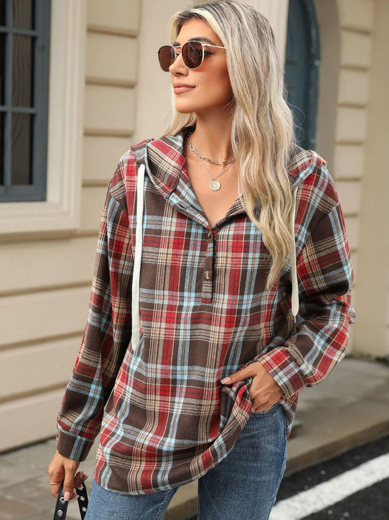 Drawstring Plaid Hooded Long Sleeve Top