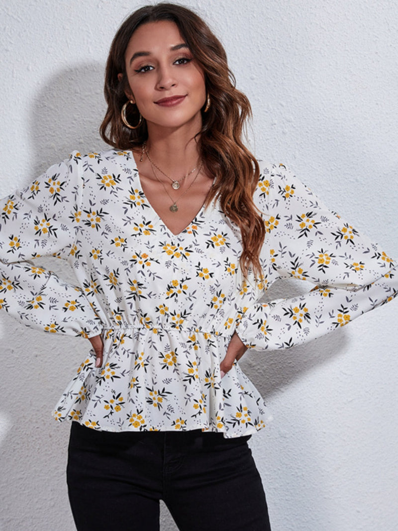 Ruched Printed V-Neck Long Sleeve Blouse