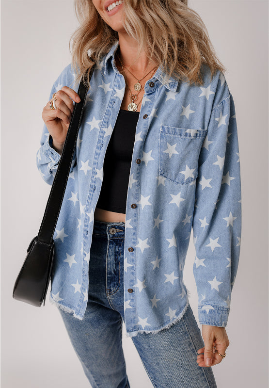 Raw Hem Star Collared Neck Denim Top