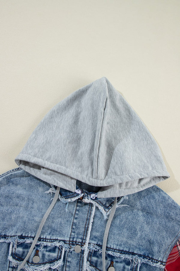 Raw Hem Drawstring Plaid Denim Jacket