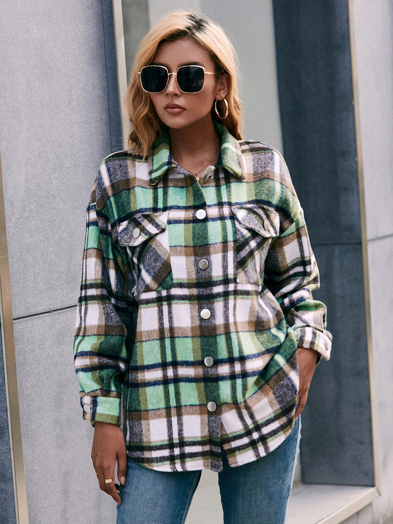 Ivy Lane Meet You Outside Plaid Button Down Curved Hem Shacket