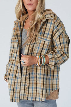 Drawstring Waffle Knit Patchwork Hooded Plaid Shacket