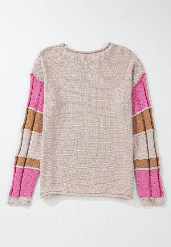 Color Block Round Neck Long Sleeve  Sweater