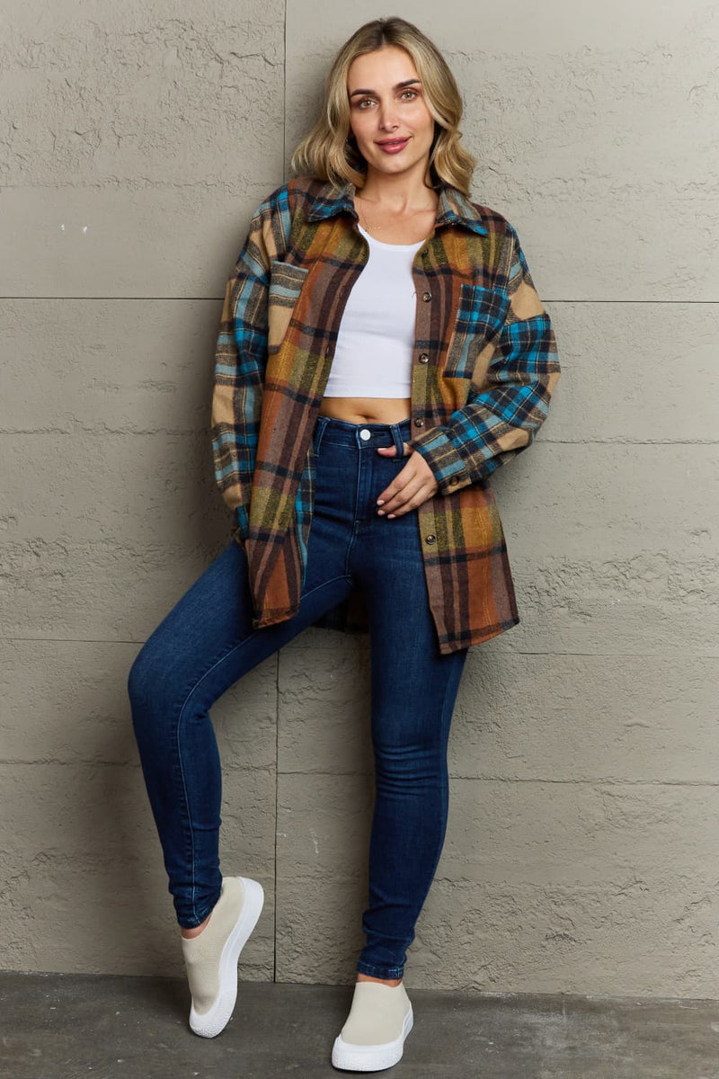 Plaid Curved Hem Shirt Jacket with Breast Pockets